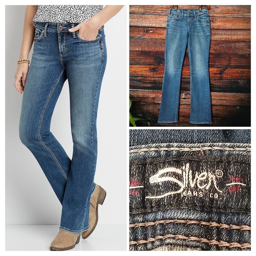 Silver Jeans 26 Suki Slim Boot Cut Blue Denim Distressed Stretch Mid Rise